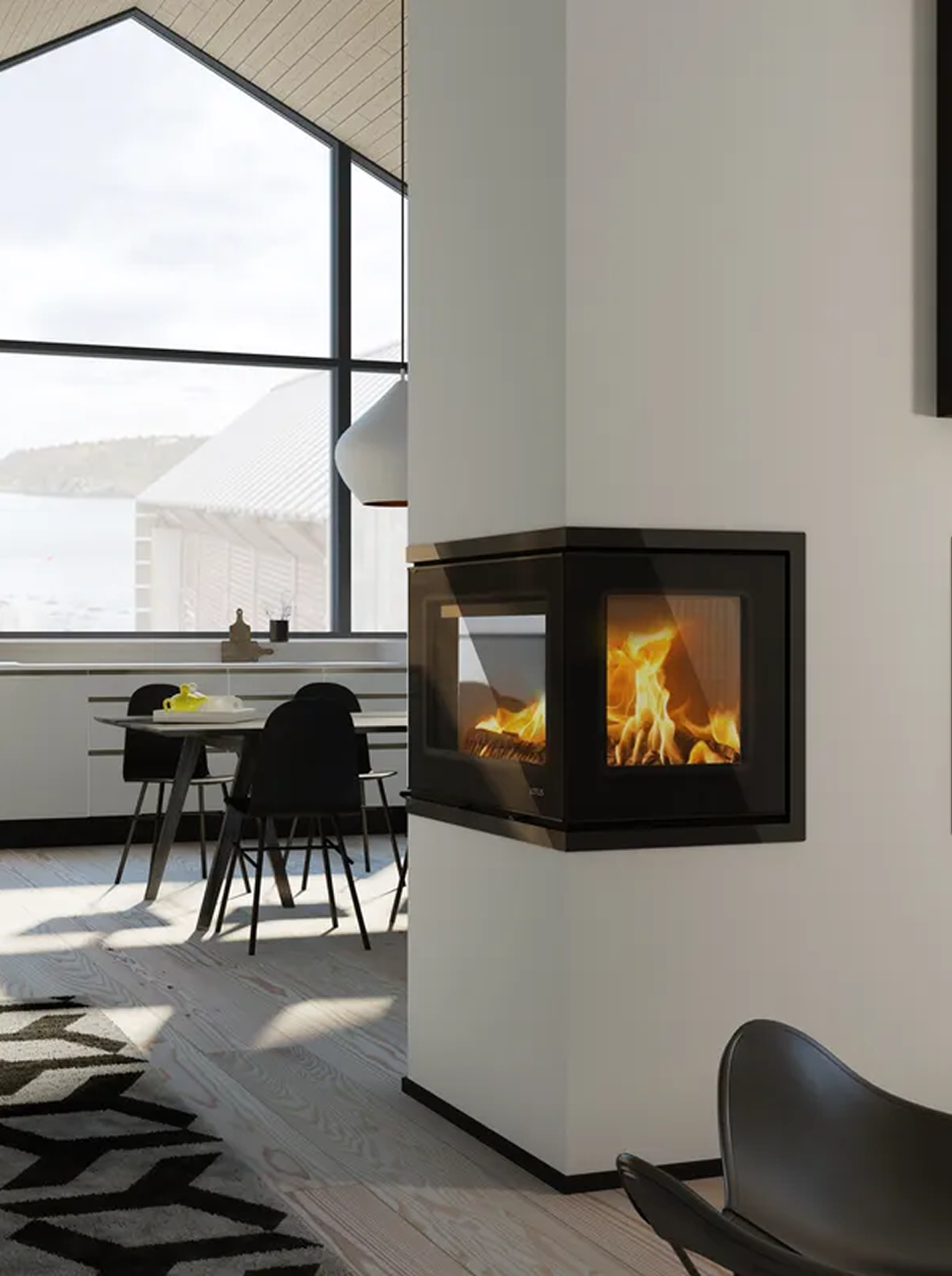 Moderne pejseindsats i lys og dansk hjem