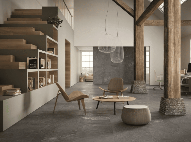 Lyst designer hjem med grå sten fliser