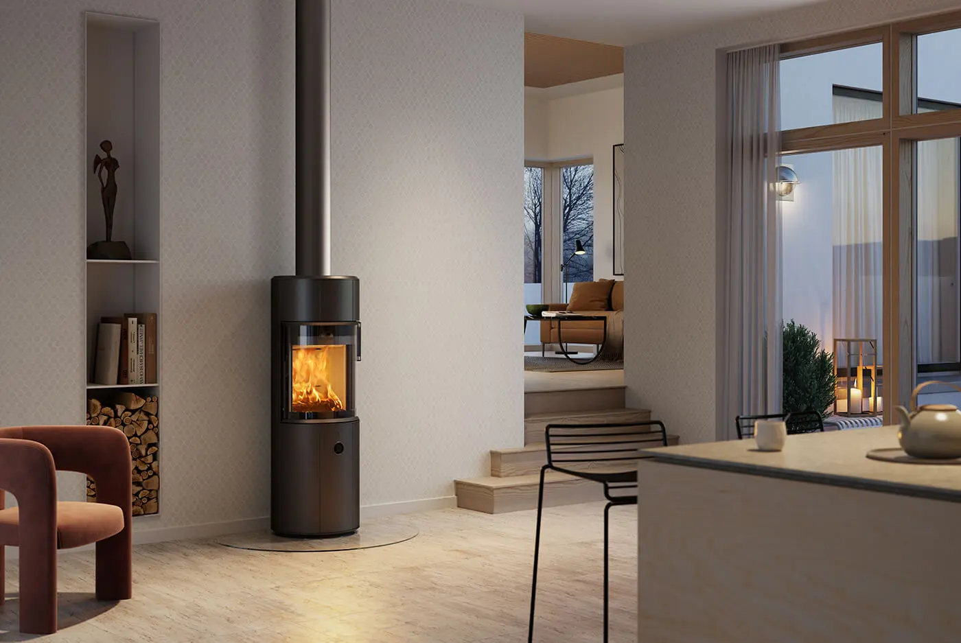 Scan brændeovn i pænt lyst hjem