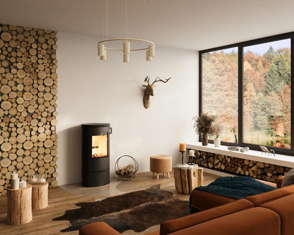 Lotus brændeovn i stue med udsigt